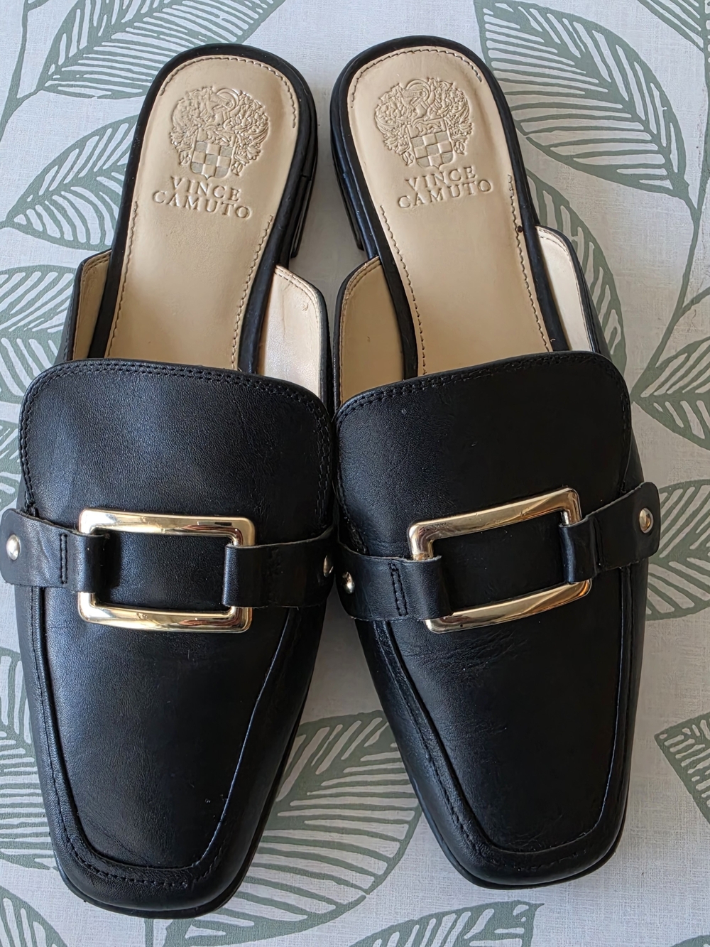 Vince Camuto Black Leather Slip-On Loafers/Mules with Gold Buckle Size 10